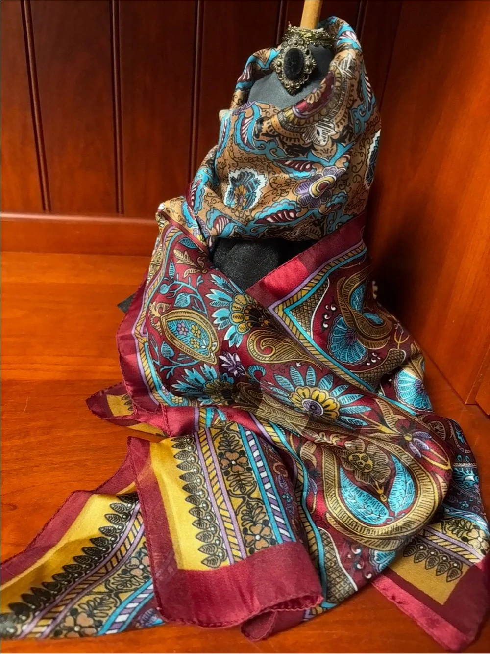 Silk Paisley Pattern Scarf in Burgundy, Teal & Gold